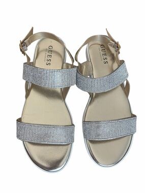 GUESS Silver Rhinestone Double-Strap Flat Slingback Sandals Sz 8